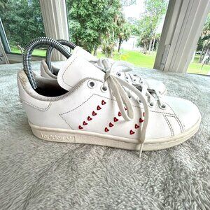 Adidas Stan Smith White Red Hearts Womens 6 Leather Sneakers Tenniscore Preppy